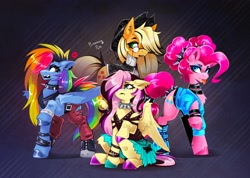 Size: 2560x1824 | Tagged: safe, artist:buvanybu, applejack, fluttershy, pinkie pie, rainbow dash, pegasus, pony, g4, choker, clothes, dyed mane, dyed tail, ear piercing, glasses, goth, hair over one eye, hat, hoof polish, jacket, open mouth, pants, piercing, punk, skirt, spiked choker, spiked wristband, tail, tongue out, wristband