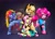Size: 2560x1824 | Tagged: safe, artist:buvanybu, applejack, fluttershy, pinkie pie, rainbow dash, pegasus, pony, choker, clothes, dyed mane, dyed tail, ear piercing, glasses, goth, hair over one eye, hat, hoof polish, jacket, open mouth, pants, piercing, punk, skirt, spiked choker, spiked wristband, tail, tongue out, wristband
