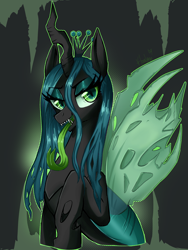Size: 3000x4000 | Tagged: safe, artist:floralshitpost, queen chrysalis, changeling, eyeshadow, fangs, forked tongue, lidded eyes, long tongue, makeup, open mouth, tongue out, torn wings, wings