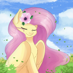 Size: 1500x1500 | Tagged: safe, artist:maravor, fluttershy, pegasus, pony, g4, chest fluff, eyes closed, female, flower, flower in hair, large wings, mare, solo, wings