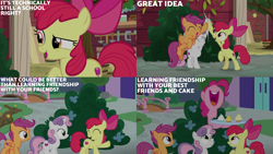 Size: 2000x1125 | Tagged: safe, edit, edited screencap, editor:quoterific, screencap, apple bloom, pinkie pie, scootaloo, sweetie belle, g4, marks for effort, 4 panel comic, caption, cutie mark crusaders, school of friendship, text