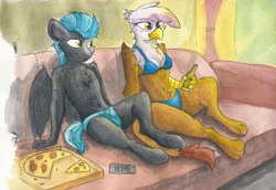 Size: 6850x4713 | Tagged: safe, artist:pzkratzer, gilda, thunderlane, bear, anthro, belly button, bikini, clothes, drink, drinking, duo, eating, female, food, gildalane, looking at each other, looking at someone, male, pizza, pizza box, remote control, shipping, sitting, speedo, straight, sunset, swimsuit, traditional art, underwear, watching tv, watercolor painting