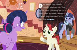 Size: 1280x829 | Tagged: safe, artist:bearmation, twilight sparkle, oc, oc:cash flow, oc:comet sweep, pony, unicorn, g4, colt, ear piercing, earring, female, floppy ears, foal, golden oaks library, hair bun, horn, jewelry, male, mare, mother and child, mother and son, offspring, open mouth, parallel universe, parent:flim, parent:twilight sparkle, parents:twiflim, piercing, shocked, story included, text, trio, unicorn twilight