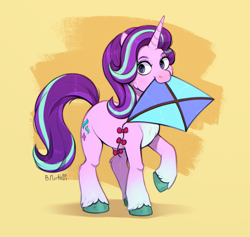 Size: 4373x4151 | Tagged: safe, artist:birdoffnorth, starlight glimmer, pony, unicorn, g4, absurd resolution, cheek fluff, coat markings, colored hooves, eyebrows, female, hoof fluff, horn, kite, looking at you, mare, mouth hold, raised hoof, signature, smiling, smiling at you, socks (coat markings), solo, that pony sure does love kites, unshorn fetlocks