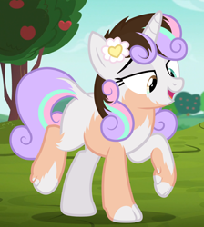 Size: 2152x2400 | Tagged: safe, artist:anonymous, sweetie belle, human, pony, unicorn, /ptfg/, apple, apple tree, blank flank, brown hair, dark brown hair, eye color change, female, fingernails, flower, flower in hair, heterochromia, horn, human to pony, kinsona, light skin, mare, mid-transformation, older, older sweetie belle, open mouth, open smile, outdoors, show accurate, smiling, solo, toenails, transformation, tree