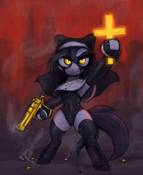 Size: 2300x2800 | Tagged: safe, artist:t72b, oc, oc only, oc:nunpone, earth pony, pony, bipedal, boots, clothes, cross, desert eagle, glare, glowing, gun, hair over one eye, handgun, hoof hold, latex, latex socks, nun, nun outfit, pistol, shoes, socks, solo, weapon