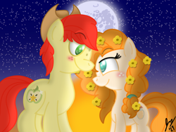 Size: 2160x1620 | Tagged: safe, artist:jesslmc16, bright mac, pear butter, earth pony, g4, apple, buttercup, couple, cutie mark, digital art, duo, female, flower, flower in hair, food, freckles, looking at each other, looking at someone, love, male, mare, mare in the moon, moon, pear, relationship, signature, simple background, smiling, smiling at each other, stallion, stars, sunset