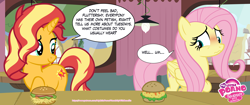 Size: 4236x1773 | Tagged: safe, artist:andoanimalia, editor:wild stallions, fluttershy, sunset shimmer, pegasus, pony, unicorn, comic:the first incestuous foal of sunset shimmer, my little porno: friendship with benefits, g4, advertisement, blushing, burger, duo, duo female, embarrassed, explicit source, female, food, hay burger, horn, mare, oat burger, oatburger, oats, patreon, patreon preview, preview, wavy mouth