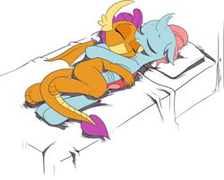 Size: 1702x1370 | Tagged: safe, artist:nauyaco, color edit, edit, ocellus, smolder, changedling, changeling, dragon, g4, bed, colored, cuddling, cute, diaocelles, dragoness, duo, duo female, eyes closed, female, lesbian, lying down, on bed, ship:smolcellus, shipping, simple background, smolderbetes, snuggling, white background