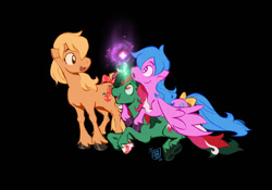 Size: 640x447 | Tagged: safe, artist:nightprince-art, applejack (g1), firefly, fizzy, earth pony, pegasus, pony, unicorn, g1, black background, blue mane, blue tail, bow, glowing, glowing horn, green coat, horn, looking at each other, looking at someone, looking up, multicolored mane, multicolored tail, orange coat, orange eyes, orange mane, piggyback ride, purple coat, purple eyes, red eyes, simple background, smiling, sparkles, surprised face, tail, tail bow, unshorn fetlocks, wings, wings down