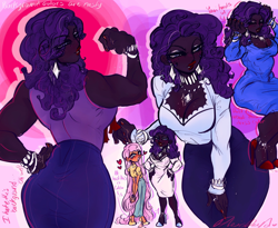 Size: 2048x1677 | Tagged: safe, artist:rare-apples, fluttershy, rarity, human, blushing, clothes, dark skin, dress, ear piercing, earring, female, high heels, humanized, jewelry, muscles, muscular female, necklace, piercing, ripped rarity, shirt, shoes, skirt