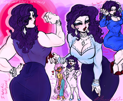 Size: 2048x1677 | Tagged: safe, artist:rare-apples, fluttershy, rarity, human, blushing, clothes, dress, ear piercing, earring, female, high heels, humanized, jewelry, muscles, muscular female, necklace, piercing, ripped rarity, shirt, shoes, skirt