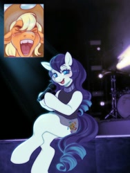 Size: 1500x2000 | Tagged: safe, artist:pinxpony, applejack, coloratura, earth pony, semi-anthro, bereal., blushing, clothes, drum kit, drums, eyes closed, lights, meme, microphone, musical instrument, picture-in-picture, ponified meme, screaming, shirt, singing, sitting, skirt, stage