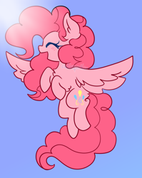 Size: 1444x1816 | Tagged: safe, artist:cutiesparke, pinkie pie, pegasus, pony, :d, ^^, arm fluff, blue sky, chest fluff, ear fluff, eyes closed, female, flying, open mouth, open smile, pegasus pinkie pie, race swap, raised hoof, sky, smiling, solo, spread wings, wings
