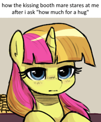 Size: 315x380 | Tagged: safe, artist:plunger, sweetcream scoops, pony, unicorn, cute, female, horn, imported from twibooru, kissing booth, lidded eyes, looking at you, mare, meme, ponified meme, solo