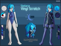 Size: 2500x1875 | Tagged: safe, artist:devillustart, dj pon-3, vinyl scratch, oc, oc:vinyl scratch(prisoners of the moon), human, equestria girls, g4, clothes, fireheart76's latex suit design, gloves, humanized, latex, latex boots, latex gloves, latex suit, prisoners of the moon, reference sheet, rubber, rubber suit
