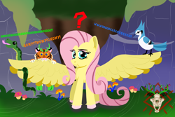 Size: 1200x800 | Tagged: safe, artist:thornygiggles, fluttershy, big cat, bird, blue jay, pegasus, pony, snake, tiger, female, large wings, looking at you, mare, question mark, solo, spread wings, unshorn fetlocks, wings