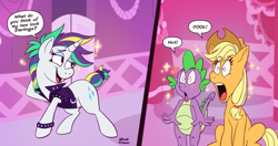 Size: 3749x1984 | Tagged: safe, artist:megadrivesonic, applejack, rarity, spike, dragon, earth pony, pony, unicorn, g4, 2 panel comic, alternate hairstyle, arm behind head, blushing, carousel boutique, clip studio paint, clothes, comic, darling, dialogue, digital art, female, floating heart, heart, high res, horn, jacket, jaw drop, male, mare, open mouth, open smile, punk, raripunk, ship:sparity, shipping, shrunken pupils, smiling, sparkles, speech bubble, straight, tail, tail band, trio, trio male and female, wristband