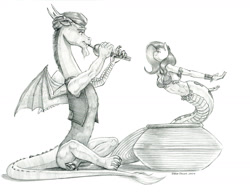 Size: 1425x1100 | Tagged: safe, artist:baron engel, discord, fluttershy, draconequus, lamia, original species, anthro, g4, breasts, cleavage, duo, female, lamiafied, lamiashy, male, monochrome, simple background, snake charmin' flute, species swap, white background