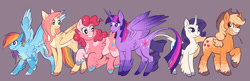 Size: 2048x662 | Tagged: safe, alternate version, artist:churrokat, applejack, fluttershy, pinkie pie, rainbow dash, rarity, twilight sparkle, alicorn, classical unicorn, earth pony, pegasus, pony, unicorn, g4, alternate color palette, alternate design, alternate tailstyle, applejack's hat, applejacked, back fluff, blaze (coat marking), blonde mane, blonde tail, blue coat, blue eyes, body freckles, butt fluff, chest fluff, chubby, cloven hooves, coat markings, colored, colored belly, colored ears, colored eartips, colored hooves, colored horn, colored muzzle, colored wings, colored wingtips, cowboy hat, curly mane, curly tail, curved horn, determined look, eyelashes, facial markings, female, flat colors, fluffy, freckles, gradient ears, gradient horn, gradient wings, green eyes, hat, height difference, horn, jumping, large wings, leg fluff, leg freckles, leonine tail, long horn, long legs, long mane, long tail, looking down, mane six, mare, mealy mouth (coat marking), motion lines, multicolored hair, multicolored mane, multicolored tail, muscles, narrowed eyes, one eye closed, orange coat, pale belly, partially open wings, physique difference, pink coat, pink eyes, pink mane, pink tail, ponytail, purple background, purple coat, purple eyes, purple mane, purple tail, rainbow hair, rainbow tail, redesign, ringlets, signature, simple background, smiling, smoldash, socks (coat markings), sparkly mane, sparkly tail, sparkly wings, splotches, spread wings, standing, star (coat marking), straight mane, straight tail, straw in mouth, tail, tail fluff, tallershy, thin, thin legs, tied mane, tied tail, twilight sparkle (alicorn), two toned wings, unicorn horn, unshorn fetlocks, wall of tags, wavy mane, wavy tail, white coat, wide stance, wing fluff, wingding eyes, wings, wink, yellow coat
