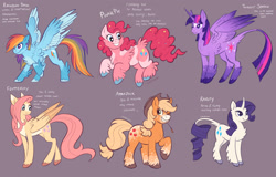 Size: 2048x1307 | Tagged: safe, alternate version, artist:churrokat, applejack, fluttershy, pinkie pie, rainbow dash, rarity, twilight sparkle, alicorn, classical unicorn, earth pony, pegasus, pony, unicorn, g4, alternate color palette, alternate design, alternate tailstyle, applejack's hat, applejacked, back fluff, blaze (coat marking), blonde mane, blonde tail, blue coat, blue eyes, body freckles, butt fluff, chest fluff, chubby, cloven hooves, coat markings, colored, colored belly, colored ears, colored eartips, colored hooves, colored horn, colored muzzle, colored wings, colored wingtips, cowboy hat, curly mane, curly tail, curved horn, determined look, eyelashes, facial markings, female, flat colors, fluffy, freckles, gradient ears, gradient horn, gradient wings, green eyes, hat, headcanon, height difference, horn, jumping, large wings, leg fluff, leg freckles, leonine tail, long horn, long legs, long mane, long tail, looking down, mane six, mare, mealy mouth (coat marking), motion lines, multicolored hair, multicolored mane, multicolored tail, muscles, narrowed eyes, one eye closed, orange coat, pale belly, partially open wings, physique difference, pink coat, pink eyes, pink mane, pink tail, ponytail, purple background, purple coat, purple eyes, purple mane, purple tail, rainbow hair, rainbow tail, redesign, ringlets, signature, simple background, smiling, smoldash, socks (coat markings), sparkly mane, sparkly tail, sparkly wings, splotches, spread wings, standing, star (coat marking), straight mane, straight tail, straw in mouth, tail, tail fluff, tallershy, text, thin, thin legs, tied mane, tied tail, twilight sparkle (alicorn), two toned wings, unicorn horn, unshorn fetlocks, wall of tags, wavy mane, wavy tail, white coat, white text, wide stance, wing fluff, wingding eyes, wings, wink, yellow coat