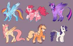 Size: 2048x1307 | Tagged: safe, alternate version, artist:churrokat, applejack, fluttershy, pinkie pie, rainbow dash, rarity, twilight sparkle, alicorn, classical unicorn, earth pony, pegasus, pony, unicorn, g4, alternate color palette, alternate design, alternate tailstyle, applejack's hat, applejacked, back fluff, blaze (coat marking), blonde mane, blonde tail, blue coat, blue eyes, body freckles, butt fluff, chest fluff, chubby, cloven hooves, coat markings, colored, colored belly, colored ears, colored eartips, colored hooves, colored horn, colored muzzle, colored wings, colored wingtips, cowboy hat, curly mane, curly tail, curved horn, determined look, eyelashes, facial markings, female, flat colors, fluffy, freckles, gradient ears, gradient horn, gradient wings, green eyes, hat, height difference, horn, jumping, large wings, leg fluff, leg freckles, leonine tail, long horn, long legs, long mane, long tail, looking down, mane six, mare, mealy mouth (coat marking), motion lines, multicolored hair, multicolored mane, multicolored tail, muscles, narrowed eyes, one eye closed, orange coat, pale belly, partially open wings, physique difference, pink coat, pink eyes, pink mane, pink tail, ponytail, purple background, purple coat, purple eyes, purple mane, purple tail, rainbow hair, rainbow tail, redesign, ringlets, signature, simple background, smiling, smoldash, socks (coat markings), sparkly mane, sparkly tail, sparkly wings, splotches, spread wings, standing, star (coat marking), straight mane, straight tail, straw in mouth, tail, tail fluff, tallershy, thin, thin legs, tied mane, tied tail, twilight sparkle (alicorn), two toned wings, unicorn horn, unshorn fetlocks, wall of tags, wavy mane, wavy tail, white coat, wide stance, wing fluff, wingding eyes, wings, wink, yellow coat