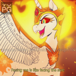Size: 900x900 | Tagged: safe, artist:zeldaprincessgirl100, daybreaker, alicorn, pony, g4, concave belly, fangs, female, mare, obtrusive watermark, open mouth, open smile, slender, smiling, solo, spread wings, subtitles, thin, tv rating, watermark, wings