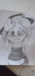 Size: 1844x4000 | Tagged: safe, artist:chakiz zukulenz, oc, oc only, oc:chakiz zukulenz, pony, unicorn, clothes, cute, diabetes, drawing, glasses, hat, heart, heart eyes, horn, looking at you, photo, solo, sweater, traditional art, wingding eyes