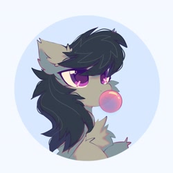 Size: 2300x2300 | Tagged: safe, artist:mirtash, octavia melody, earth pony, pony, g4, blue background, bubblegum, bust, eye clipping through hair, eyebrows, eyebrows visible through hair, eyelashes, female, fluffy, food, gum, high res, lidded eyes, looking up, mare, passepartout, portrait, simple background, solo