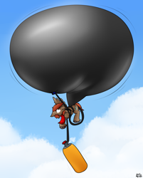 Size: 2240x2780 | Tagged: safe, artist:the-furry-railfan, oc, oc only, oc:winterlight, pegasus, pony, clothes, cloud, cloudy, floating, helium tank, hose, hose bulges, inflation, male, panic, scarf, solo, stallion, tangled up, this will end in balloons, unshorn fetlocks