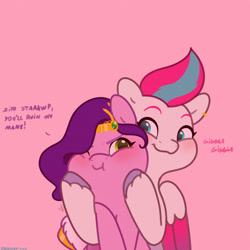 Size: 2480x2480 | Tagged: safe, artist:starburstuwu, pipp petals, zipp storm, pegasus, pony, g5, :t, adorapipp, adorazipp, angry, blushing, bust, cute, dialogue, duo, duo female, female, madorable, one eye closed, pink background, puffy cheeks, royal sisters (g5), siblings, simple background, sisters, sisters being sisters, smiling, squishy cheeks, stahp