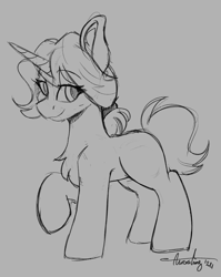 Size: 2614x3282 | Tagged: safe, artist:aurorafang, oc, oc only, pony, unicorn, chest fluff, explicit source, eyebrows, eyebrows visible through hair, female, gray background, grayscale, horn, mare, monochrome, raised hoof, simple background, sketch, smiling, solo, unicorn oc