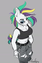 Size: 1567x2351 | Tagged: dead source, safe, artist:aurorafang, rarity, unicorn, anthro, g4, alternate hairstyle, breasts, busty rarity, cleavage, female, gray background, horn, midriff, punk, raripunk, simple background, solo