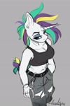 Size: 1567x2351 | Tagged: dead source, safe, artist:aurorafang, rarity, unicorn, anthro, alternate hairstyle, breasts, busty rarity, cleavage, female, gray background, horn, midriff, punk, raripunk, simple background, solo