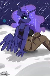 Size: 1567x2351 | Tagged: safe, artist:aurorafang, princess luna, alicorn, anthro, g4, constellation, constellation hair, female, on the moon, shooting star, solo