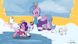 Size: 4096x2341 | Tagged: safe, artist:aurorafang, cloudpuff, pipp petals, queen haven, zipp storm, dog, flying pomeranian, pegasus, pomeranian, pony, g5, female, ice, ice skates, ice skating, mare, mother and child, mother and daughter, royal sisters (g5), siblings, sisters, skates, snow, winged dog
