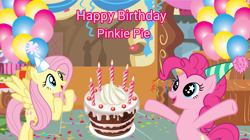 Size: 3475x1942 | Tagged: safe, artist:lizzmcclin, fluttershy, pinkie pie, earth pony, pegasus, g4, balloon, cake, candle, duo, duo female, female, food, happy birthday, hat, party hat, pinkie pie's birthday, starry eyes, sugarcube corner, wingding eyes