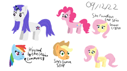 Size: 1280x720 | Tagged: safe, artist:zoeyhorse, applejack, fluttershy, pinkie pie, rainbow dash, oc, oc:eilidh, earth pony, pegasus, pony, unicorn, blank stare, bust, female, frown, horn, implied cryptocurrency, implied lesbian, implied spike, mare, simple background, white background