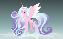 Size: 7128x4455 | Tagged: safe, artist:feather_bloom, princess flurry heart, alicorn, pony, armor, commission, corrupted, corrupted flurry heart, evil, evil flurry heart, evil grin, fangs, flowing mane, frozen heart, grin, ice, nightmare flurry heart, simple background, smiling, solo, sparkly mane, sparkly tail, tail