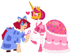 Size: 1013x788 | Tagged: safe, artist:moondeer1616, candy pony, doll pony, earth pony, food pony, hagwarders, object pony, original species, pony, unicorn, spoiler:the amazing digital circus, blushing, bow, button eyes, candy, candy carrier chaos!, clothes, concave belly, crown, deviantart watermark, doll, dress, duo, duo female, female, food, hair bow, heart, holding, horn, jewelry, key, living doll, lollipop, looking at each other, looking at someone, mare, mismatched eyes, obtrusive watermark, patch, ponified, princess, princess loolilalu, ragatha, ragdoll, raised hoof, regalia, simple background, smiling, smiling at each other, spoilers for another series, sprinkles, stitches, tail, tail bow, the amazing digital circus, thin, toy, transparent background, watermark, wavy mouth