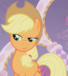 Size: 525x580 | Tagged: safe, edit, edited screencap, editor:twilyisbestpone, screencap, applejack, earth pony, pony, g4, season 1, suited for success, amused, applejack is amused, carousel boutique, cropped, female, inverted mouth, lidded eyes, mare, smiling, solo