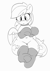 Size: 2449x3446 | Tagged: safe, artist:pabbley, rainbow dash, pegasus, pony, belly button, black and white, blush lines, blushing, choker, clothes, cute, dashabetes, female, grayscale, mare, monochrome, simple background, sitting, solo, stockings, thigh highs, thighs, thunder thighs, underhoof, white background, wide hips