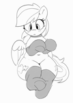 Size: 2449x3446 | Tagged: safe, artist:pabbley, rainbow dash, pegasus, pony, belly button, black and white, blush lines, blushing, choker, chubby, clothes, cute, dashabetes, female, grayscale, mare, monochrome, simple background, sitting, solo, stockings, thigh highs, thighs, thunder thighs, underhoof, white background, wide hips