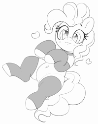 Size: 2653x3332 | Tagged: safe, artist:pabbley, pinkie pie, earth pony, pony, belly, belly button, black and white, choker, clothes, cute, diapinkes, female, floating heart, grayscale, heart, looking at you, mare, monochrome, simple background, smiling, smiling at you, solo, stockings, thigh highs, toeless legwear, toeless stockings, white background