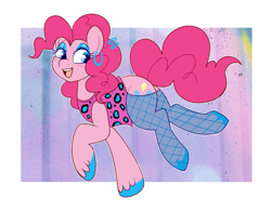 Size: 1055x821 | Tagged: safe, artist:lulubell, pinkie pie, earth pony, pony, g4, 80's fashion, abstract background, blushing, clothes, eyeshadow, female, fishnet clothing, fishnet stockings, jewelry, makeup, mare, open mouth, open smile, piercing, raised hoof, smiling, solo, stockings, thigh highs, unshorn fetlocks