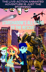 Size: 1550x2420 | Tagged: safe, artist:robertsonskywa1, rainbow dash, sunset shimmer, oc, oc:starshadow skystalker, bird, cybertronian, human, penguin, robot, equestria girls, g4, book cover, bumblebee (transformers), chip and dale rescue rangers, cover, crossover, dreamworks, kowalski, logo, marvel, miles morales, photo, private (madagascar), real life background, rico, skipper, spider-man, spider-man: across the spider-verse, text, the penguins of madagascar, transformers, wattpad