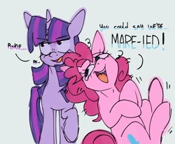 Size: 2048x1689 | Tagged: safe, artist:sunlighten_, pinkie pie, twilight sparkle, earth pony, pony, unicorn, g4, dialogue, duo, duo female, emanata, eyebrows, eyebrows visible through hair, female, horn, lesbian, mare, open mouth, pun, ship:twinkie, shipping, swirly eyes, unicorn twilight, wingding eyes, wordplay