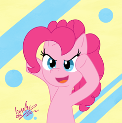 Size: 1100x1113 | Tagged: safe, pinkie pie, earth pony, pony, bust, raised hoof, smiling