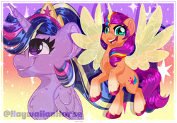 Size: 1600x1112 | Tagged: safe, artist:missbramblemele, sunny starscout, twilight sparkle, alicorn, pony, g5, open mouth, open smile, race swap, smiling, spread wings, sunny and her heroine, sunnycorn, twilight sparkle (alicorn), wings