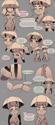 Size: 1920x4320 | Tagged: safe, artist:kaff_i, hitch trailblazer, zipp storm, earth pony, pegasus, pony, g5, blushing, cheering up, cute, eyebrows, female, hat, holding hooves, hooves together, looking at each other, looking at someone, looking down, male, raised eyebrow, ship:stormblazer, shipping, smiling, spanish, speech bubble, straight, translation, umbrella hat